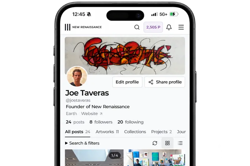 Joe Taveras’s New Renaissance profile showing artwork, projects, collections and posts on mobile.